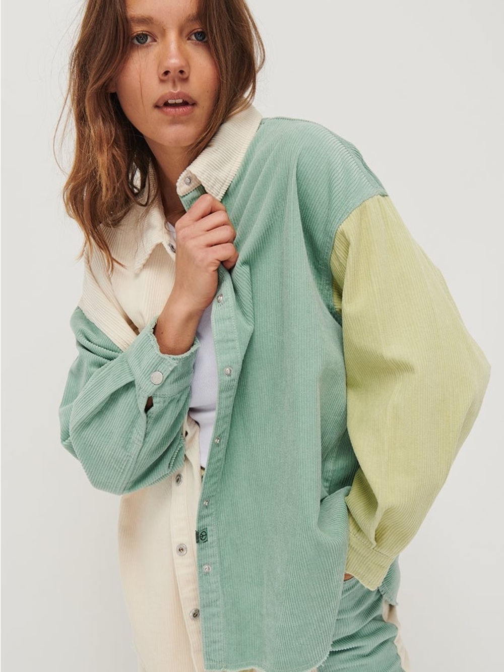 Ghanda Colorblock Green Cream Oversize Corduroy Button Shacket Size Medium